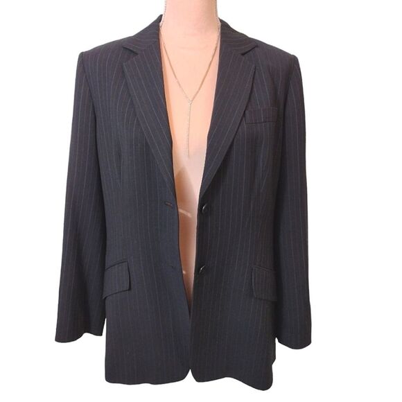 LOFT Y2K Plus 14P Black Grey Wool Blend Pen Stripe Single Breasted Blazer - Picture 7 of 14